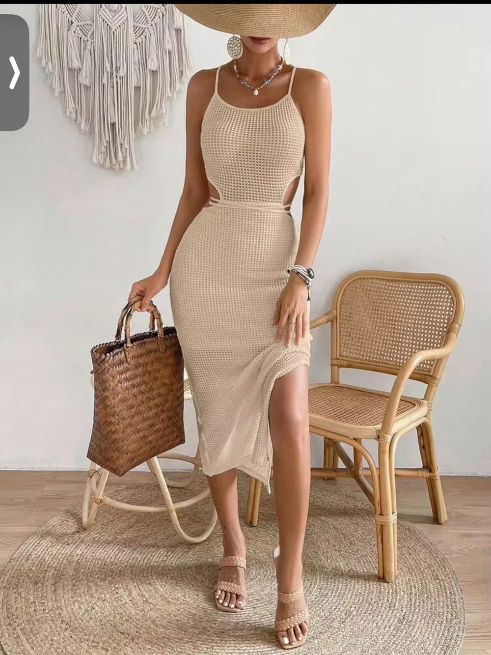 SHEIN Beige Sleeveless Knit Cutout Midi Dress